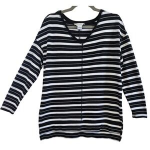 Liz Claiborne Weekend Womens L Preppy Black White Striped V-Neck Long Sleeve Top